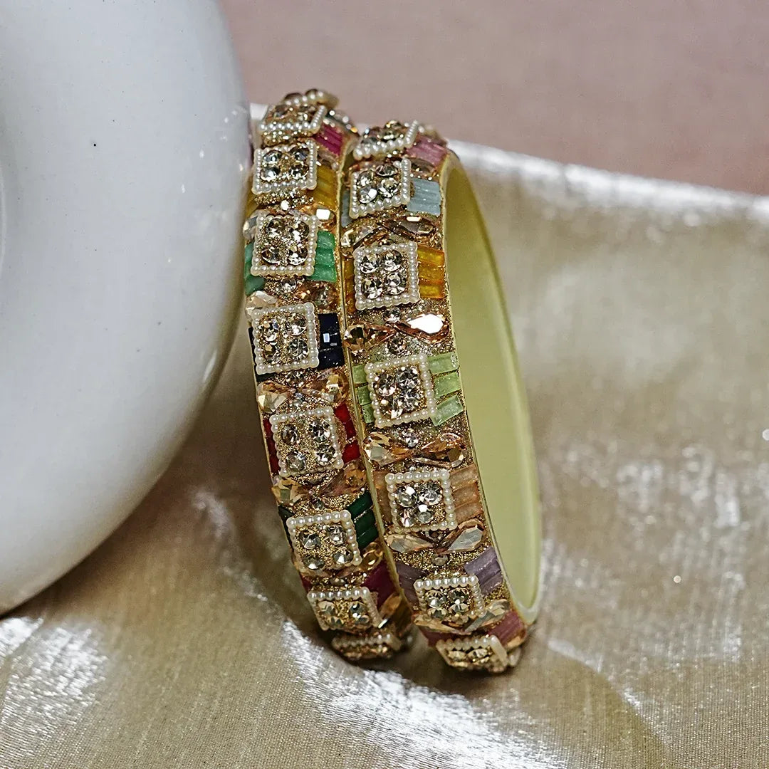 Women’s Glass Kada Bangles with Pearl & Stone Work (Pack of 2) - The Golden Cascade